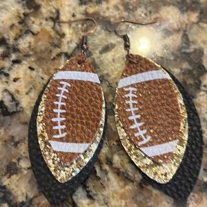 Football earrings. Dangle. Lightweight material. Gold glitter, black backing